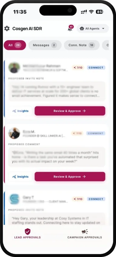 Cosgen AI SDR mobile app on iPhone showing lead pipeline